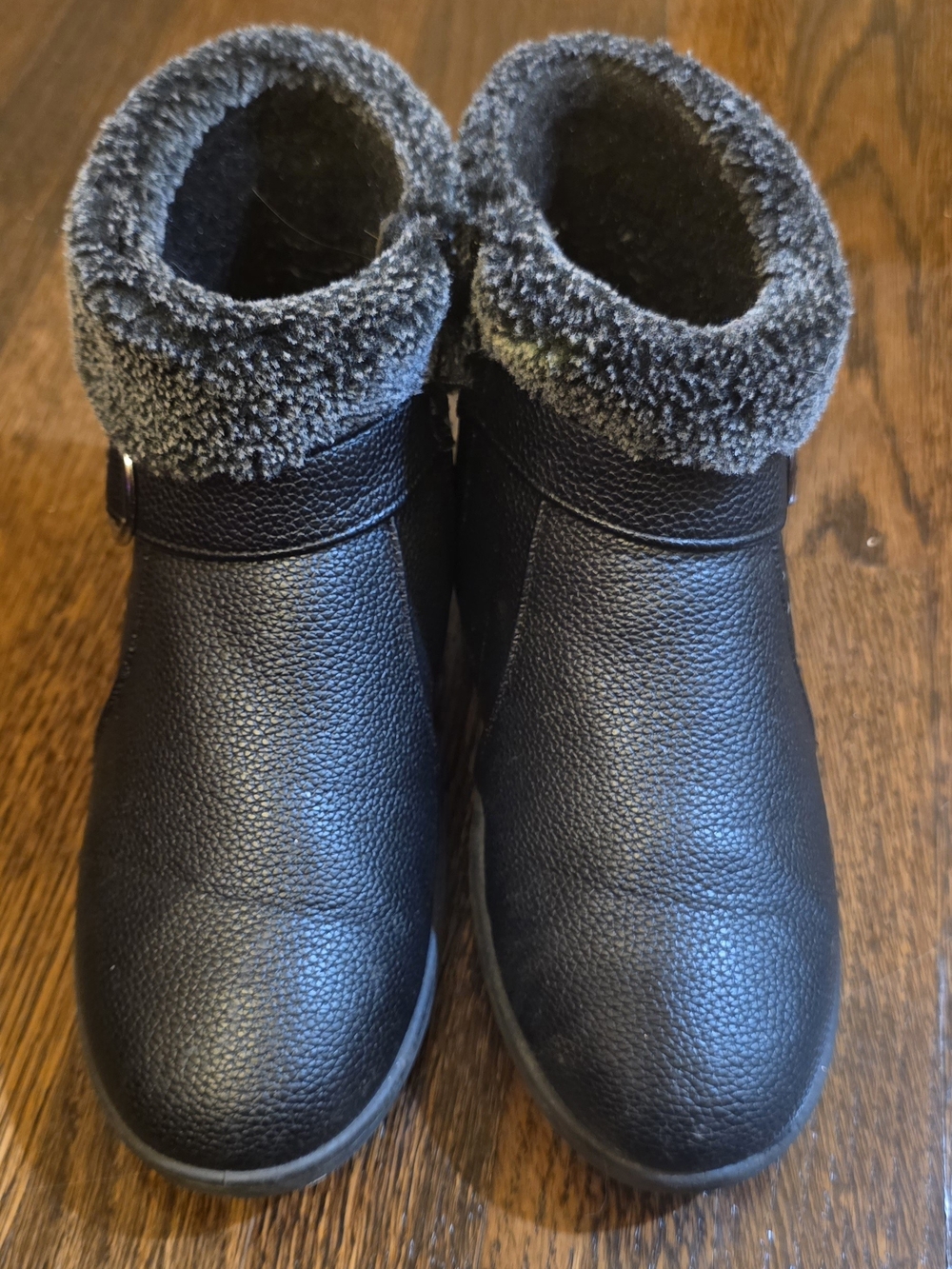 Kids Black Faux-Leather Winter Boots with Gray Faux-Fur Cuff